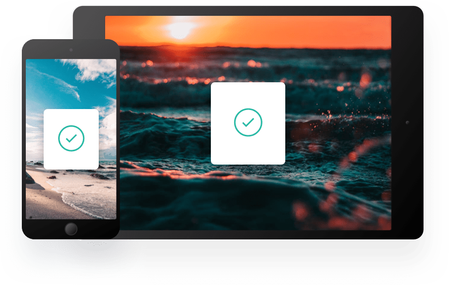 Picture of an iPhone and iPad both with white boxes with a circled green checkmark in them